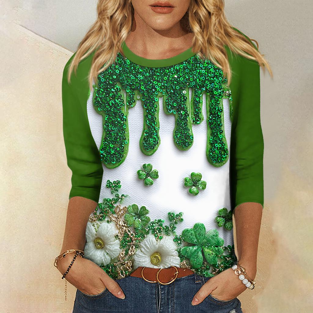 Women's St. Patrick's Day Print Round Neck Three-Quarter Sleeve Top