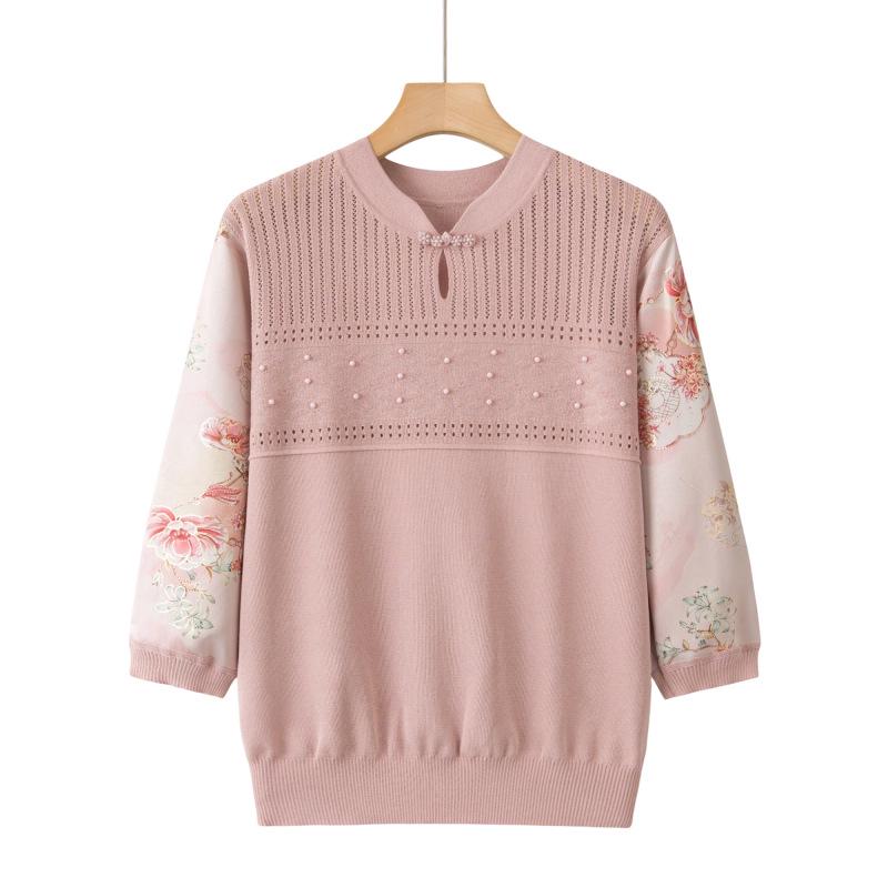 

Chic Spring Summer Knit Top with Gauze Sleeves for Middle-Aged Women 4XL (135-155 Jin)