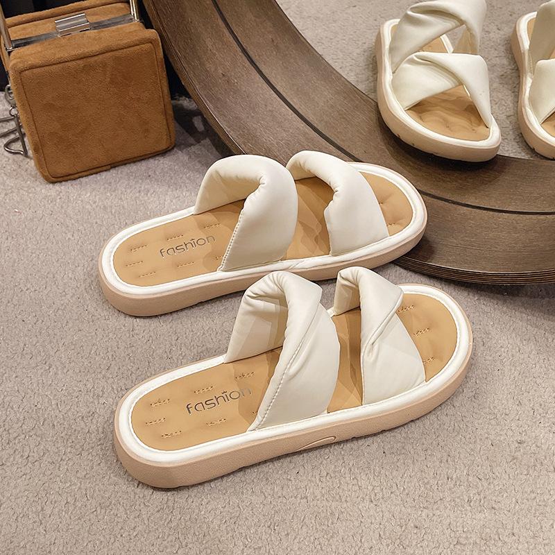 Thick-soled Sofa Soft Slippers Women's New Summer Wear Flat-bottomed One-word Slippers Comfortable and Cool Slippers