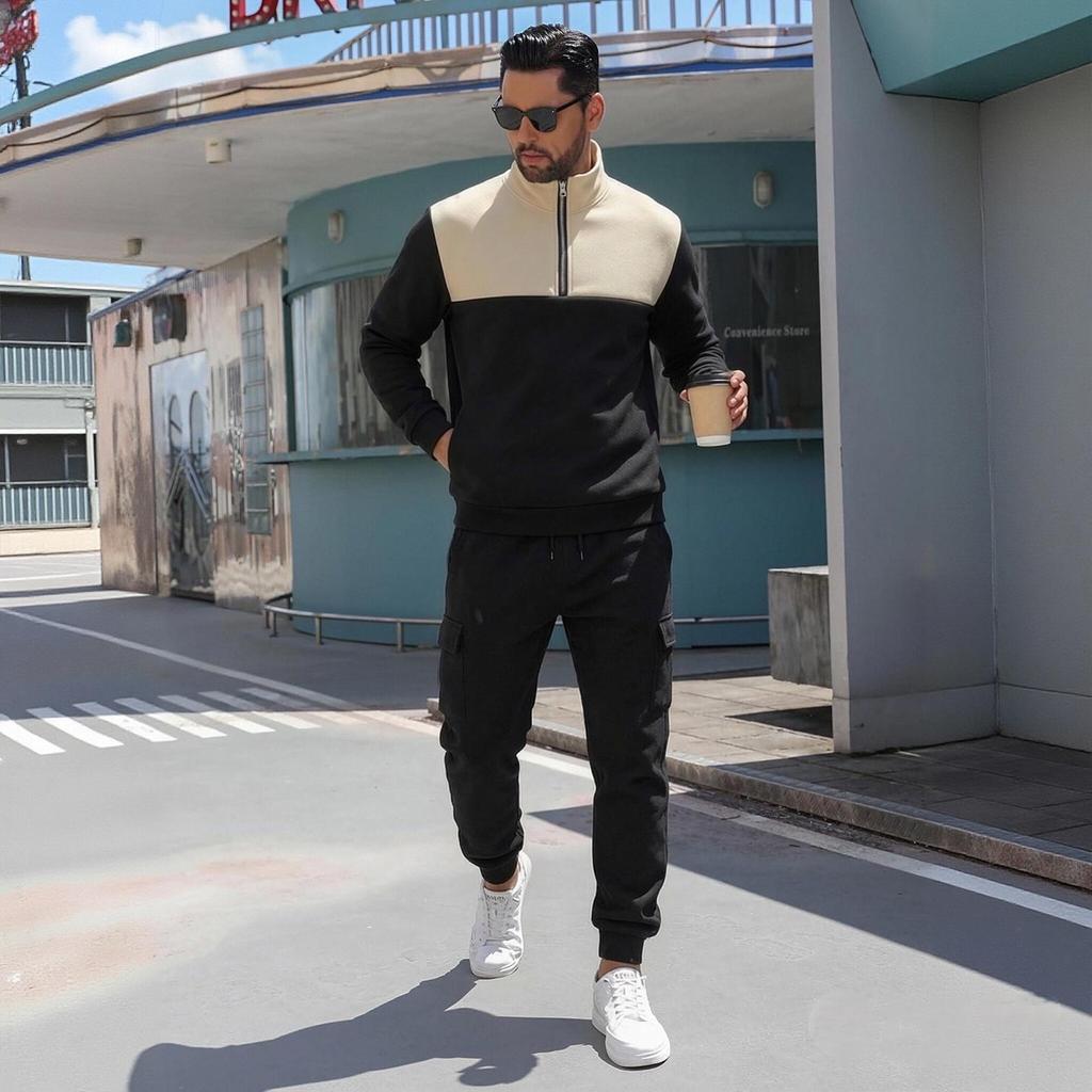 Men's Half Zip Hoodie and Cargo Pants 2 Piece Outfit Lined Casual Athletic Set