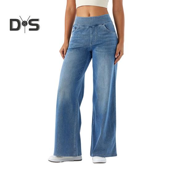 

Женские джинсы с карманами, эластичные, с высокой талией, однотонные, длинные, прямые, широкие брюки для ежедневных поездок на работу XS