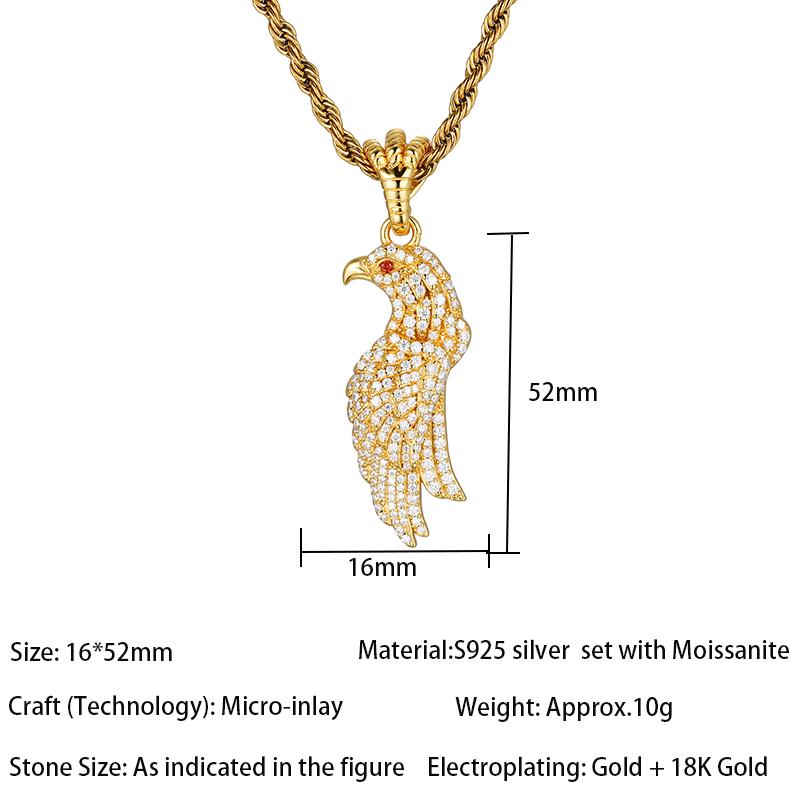 18K Gold Plated Full Pave Moissanite Eagle Pendant Necklace S925 Silver Red Eye Stone Unisex Hip Hop Twisted Rope Chain Jewelry