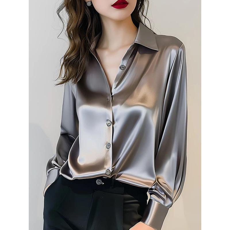 Elegant Silk Office Shirts Women Korean Fashion Y2k Clothes Slim Long Sleeve White Black Blouses