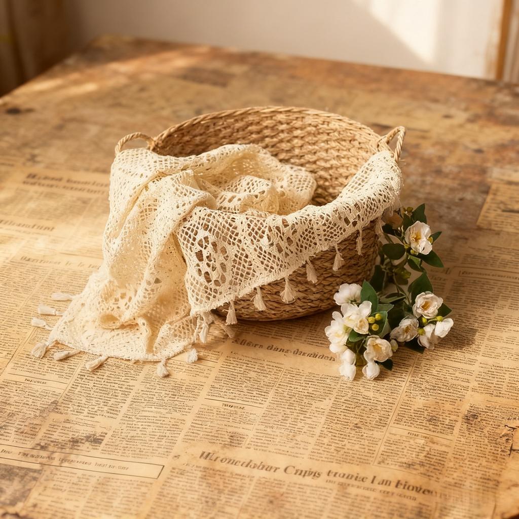 Neugeborenen Vintage Spitzenquasten-Decke - Quadratisches Design Baby-Empfangsdecke Praktischer Hohlkorb-Füller & Foto-Requisiten