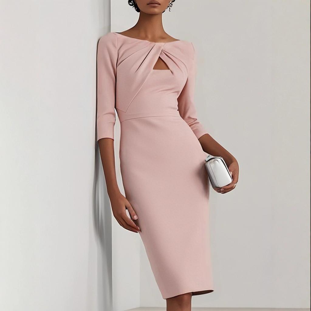 Women's Boat Neck 3/4 Sleeve Midi Dress Slim Solid Cutout Ruched Bodycon Party Gown