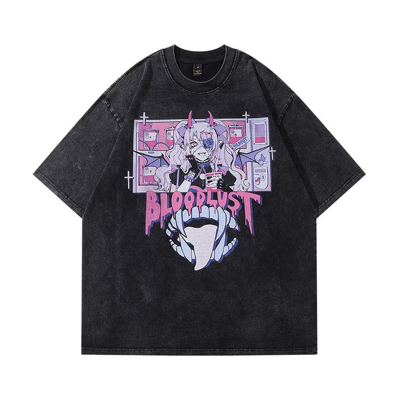 Washed 230G Heavy Japanese Animation Printing Short-Sleeved T-Shirt Men'S And Women'S Hip-Hop Street Half-Sleeved Tee Shirt