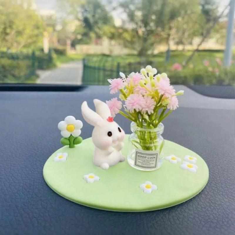 Decorative Accessory  Adorable Rubber Rabbit & Cat Car Decor, Mini Vase With Cute Animal Figurine, Suitable For Car Interior Decoration
