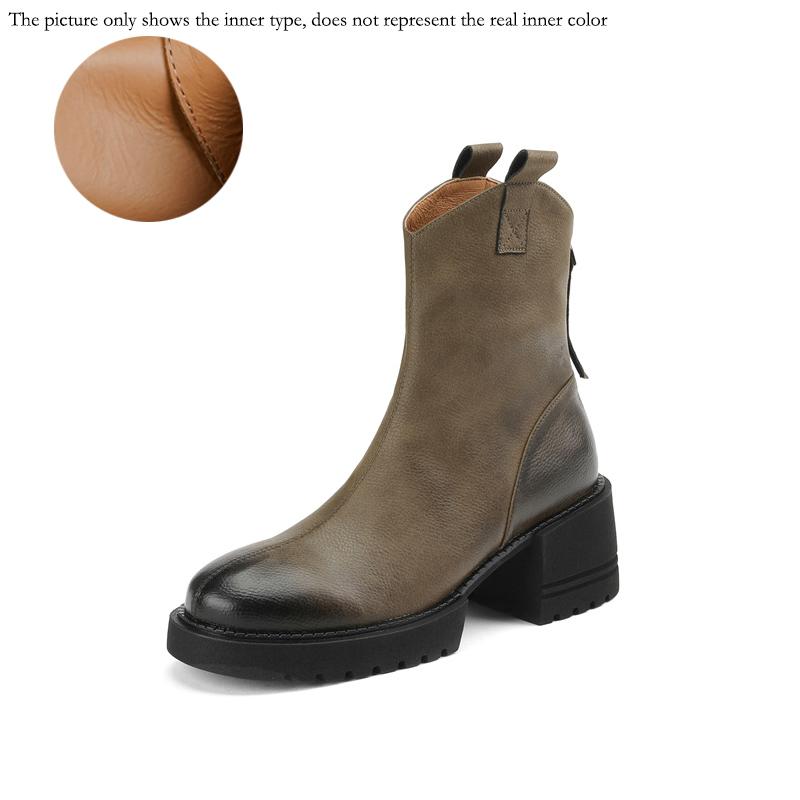 Fashion 2024 Winter Genuine Leather Women Boots Round Toe Chunk Heel Platform Shoes Solid Chelsea Boots Casual Women Shoes Green Boots