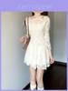 French White Lace Long Sleeve Dress With Knit Fabric For Autumn Chic Women