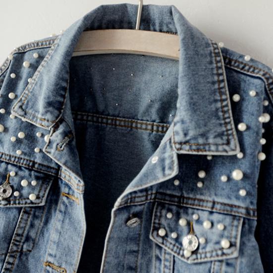 Women Denim Jacket Solid Color Single-breasted Short Breathable Keep Warm Beads Decor