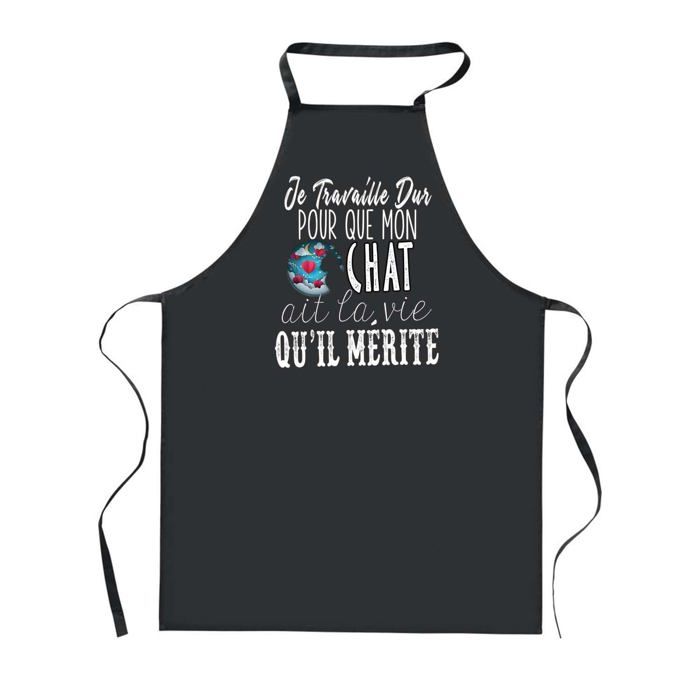 Tablier de cuisine - PLANETEE - Chat Travailler Dur - Noir - Polyester - 90x60 cm