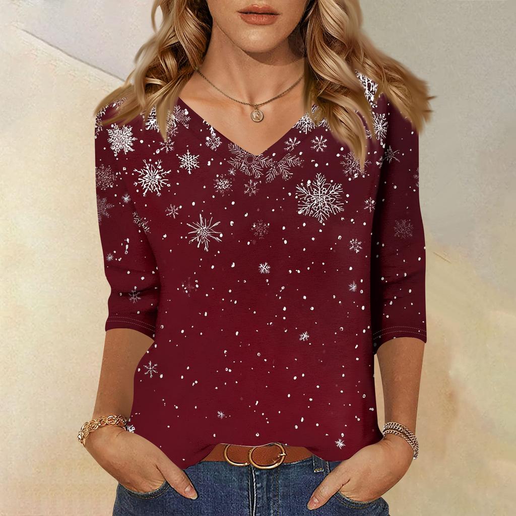 Women's T Shirt CHristmas Print 3/4 Sleeve Daily Weekend Fashion Basic V- Neck Regular Top