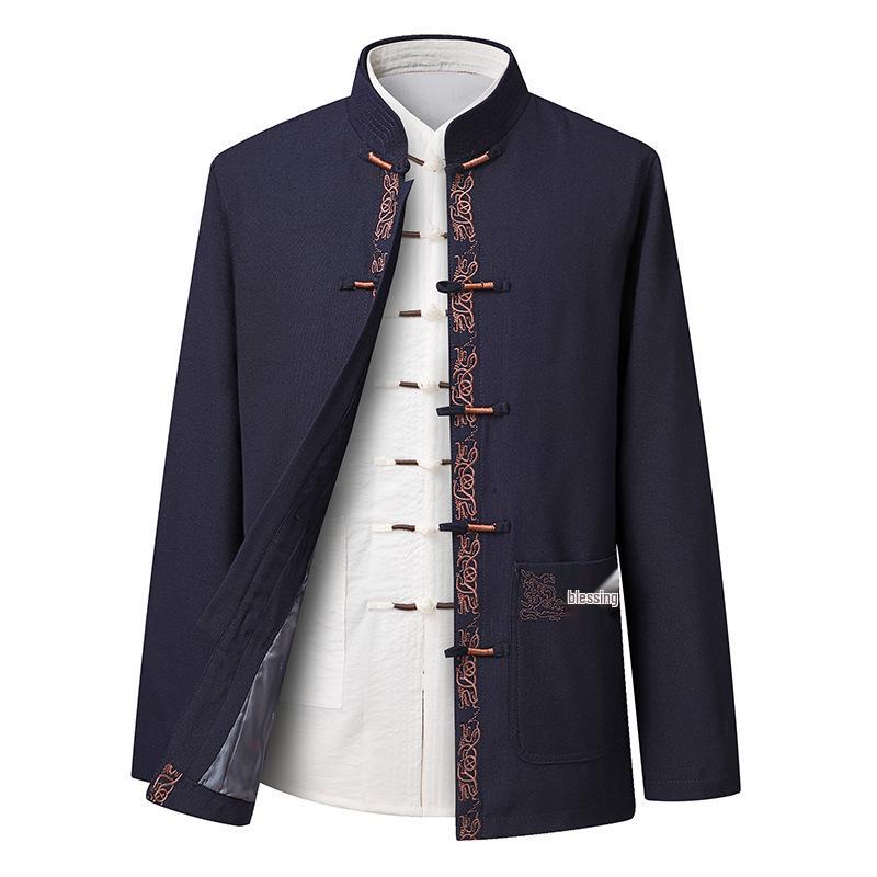 Men's Embroidered Tang Suit Set: Long Sleeve Hanfu Overcoat for Spring & Autumn