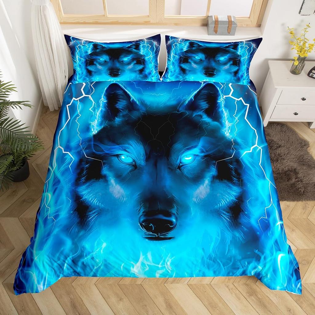 Wolf Soft Duvet Cover Set Quen Sized Dimensions Animal 3D Patern Beding Set for Adult People plus Kid Wild Wolf Jungle Animal Hunting Warm Comforter