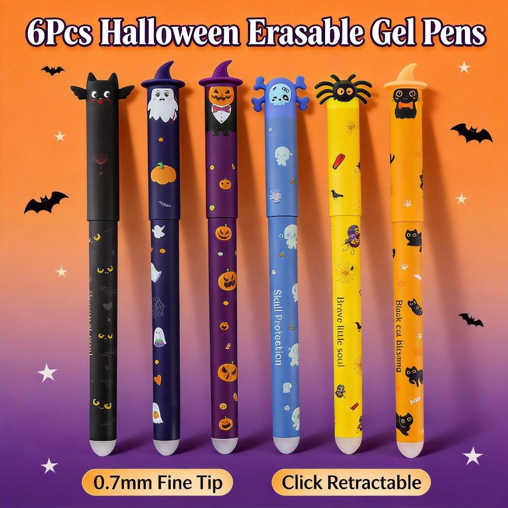1-6Pcs Halloween Erasable Gel Pens, 0.7mm Click Retractable Pen Set, Cute Ghost Pumpkin Bat, Student School Office Writing Gift