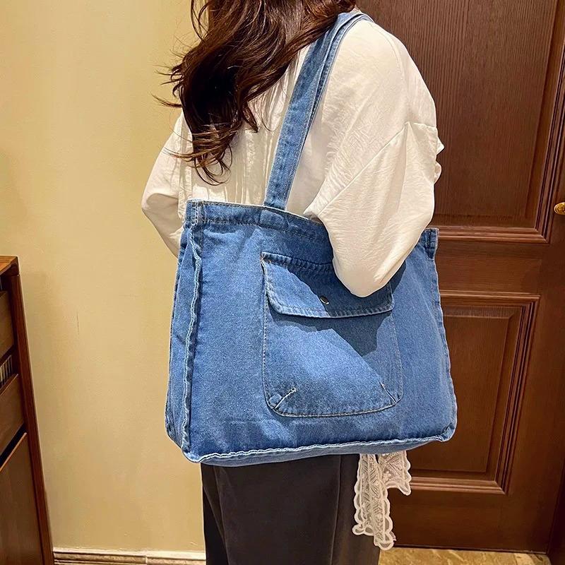 Casual Portable Women Denim Shoulder Bags Simple Large Capacity Ladies Handbags Solid Color College Style Female Tote Bag