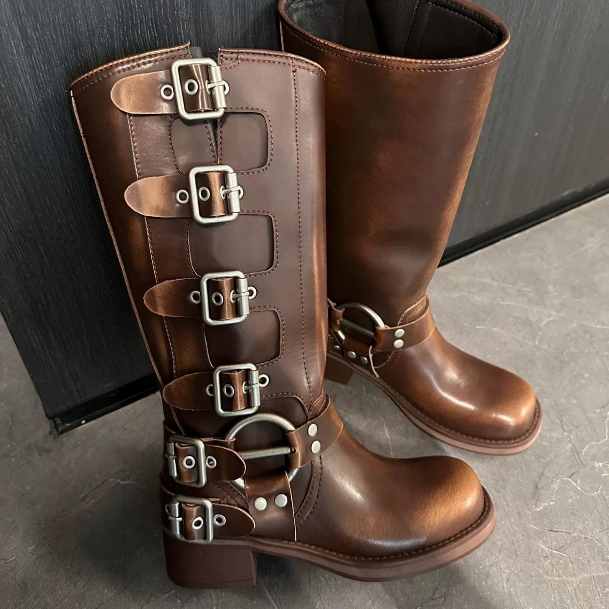 

Miu * домашние рыцарские сапоги пряжка ремня толстый каблук ботинки мартин женские кожаные ретро сапоги до колена западные ковбойские сапоги 40 чёрный