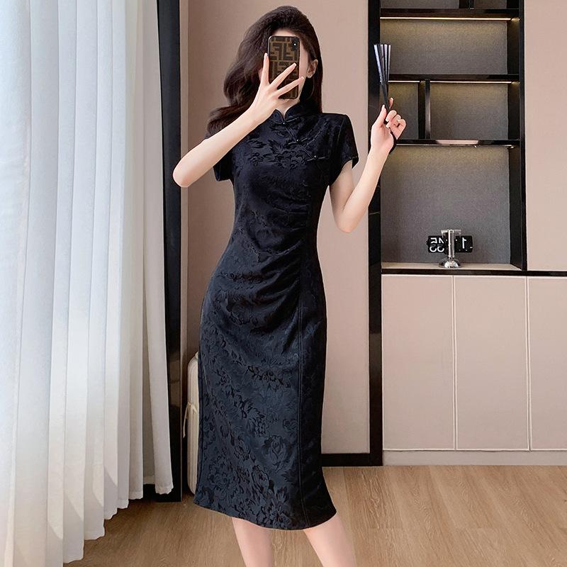 High Quality Retro Summer New Fashion New Chinese Style Improved Temperament Elastic Jacquard Thin Cheongsam Dress Women