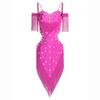 Womens Latin Dance Performance Costume Backless Cutout Design Spaghetti Straps Fringe Rhinestones Dress