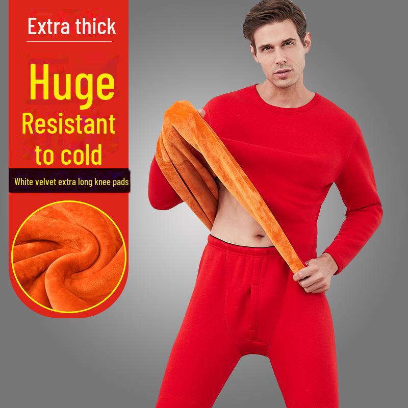 Men's and Women's Plus Velvet Thick Thermal Underwear Suit for Middle-aged and Elderly - Solid Color Winter Set
