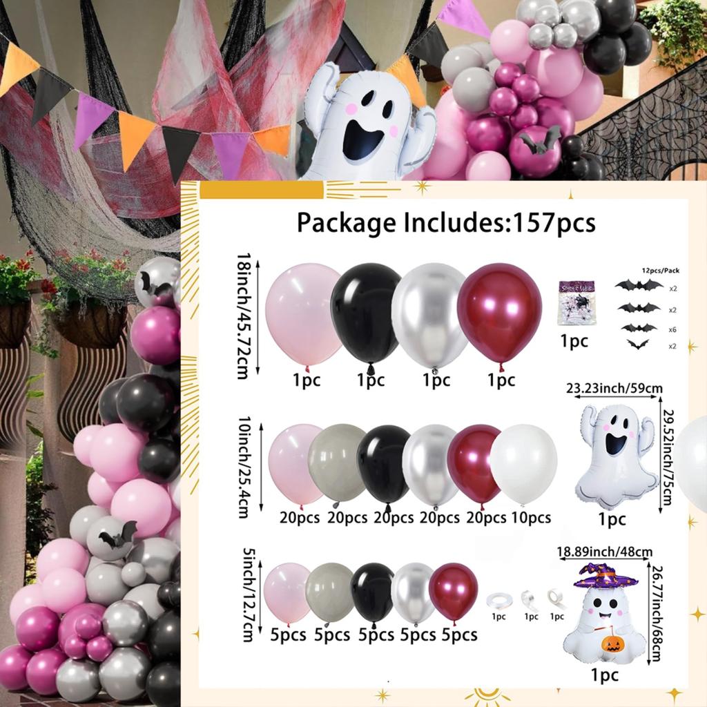 157 Piece Halloween Balloon Set for Halloween Decoration Birthday Party Decoration Prom Day of The Dead Pink Halloween Theme