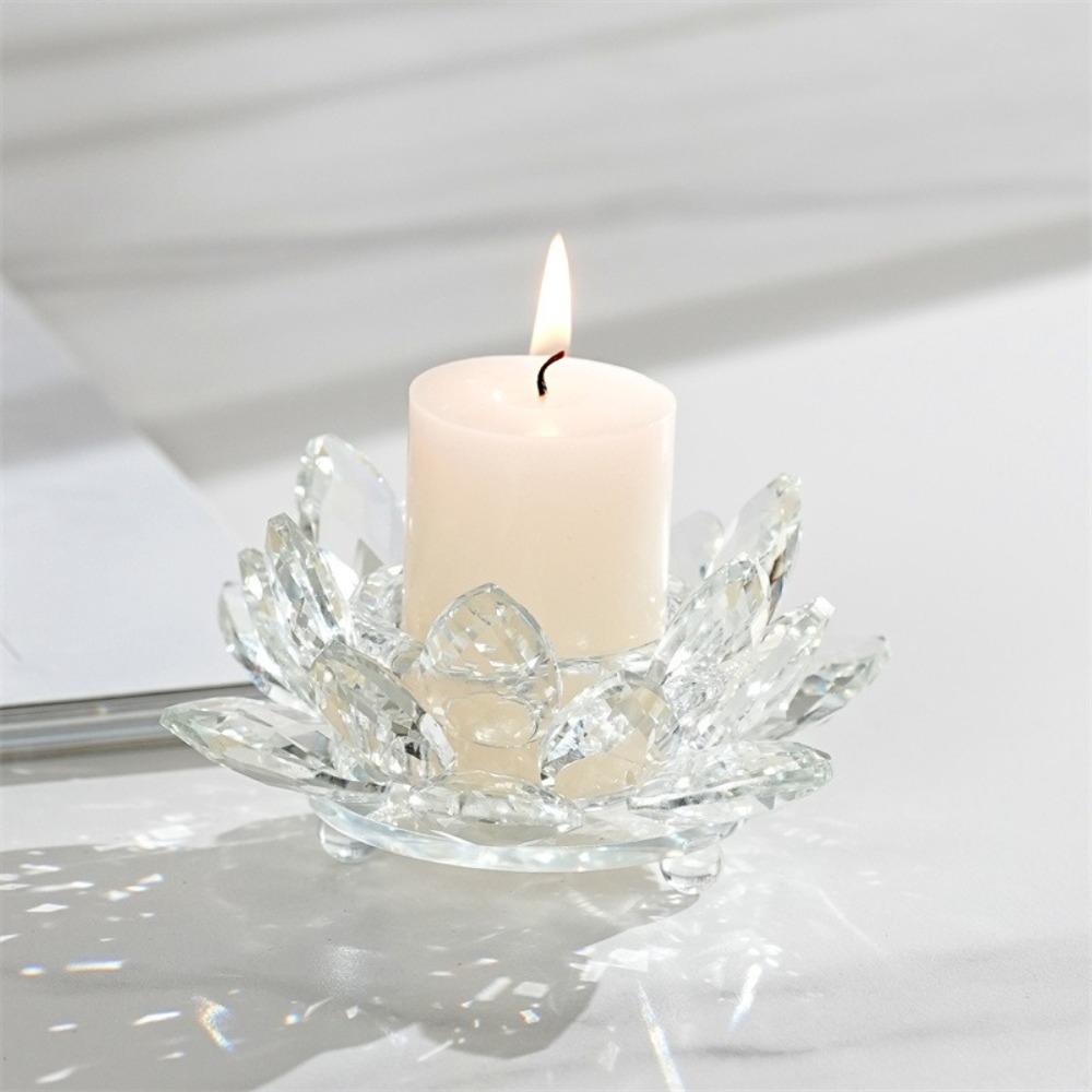 New Lotus Candle Holder Crystal Clear Figurines Tealight Candlestick Home Ornament Glass Everlasting Lamp Base Party Decor