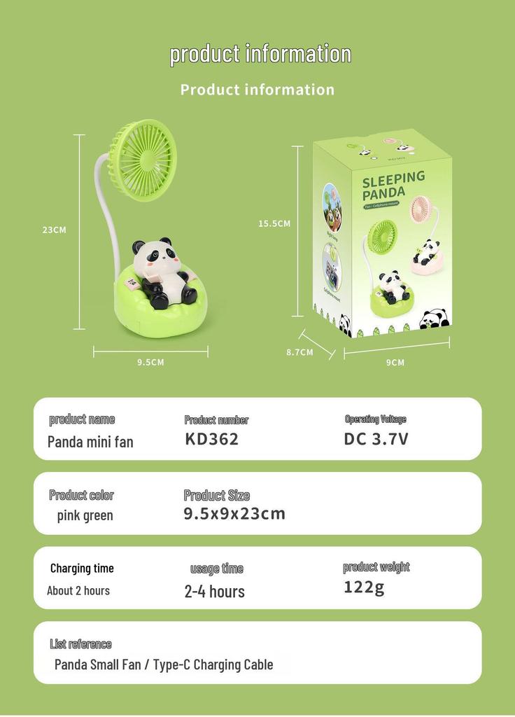 Portable Panda Cartoon Electric Fan for Summer Outdoor Travel