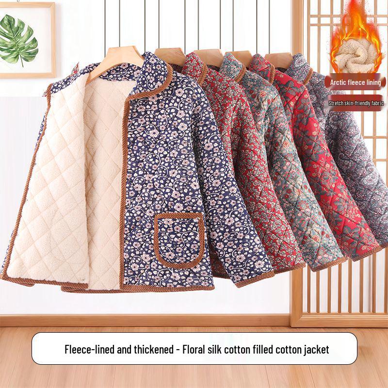 Floral Lapel Cotton Padded Jacket: Thick, Short Style for Middle-Aged and Elderly Women, Perfect for Autumn and Winter.