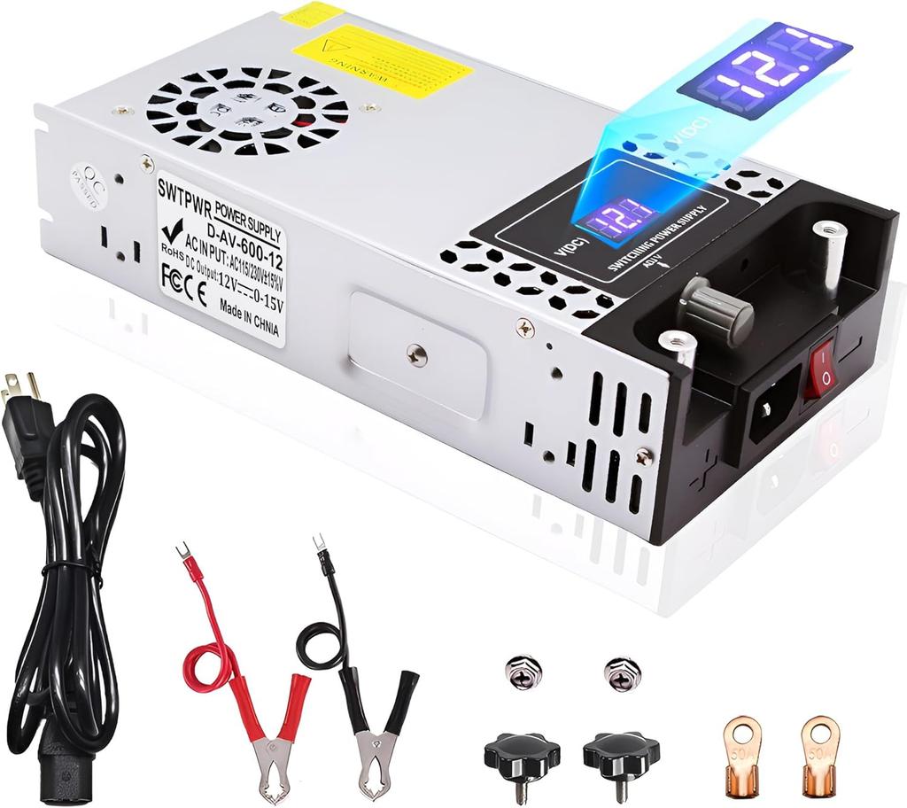 Adjustable 0-24V DC Power Supply 600W with LED Display, 110V To 24V AC/DC Converter for LED Lights, Car Stereo, Automotive Use