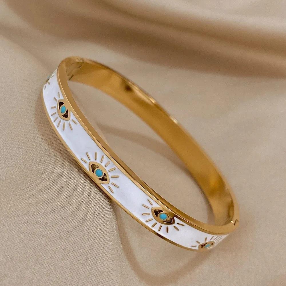 Trendy 316L Stainless Steel Devil Eye Bracelet For Women Charm White Enamel Wrist Waterproof Bangles Bracelets Jewelry