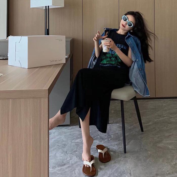 

YYFS Женская мода лето весна без рукавов с круглым вырезом свободная талия повседневные платья XXL чёрный