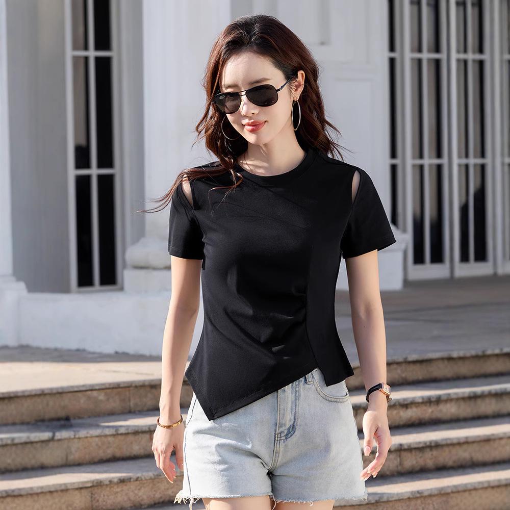 Niche Irregular Hem Shoulder-Baring Women's Short-Sleeve T-Shirt - 2025 Summer Trend