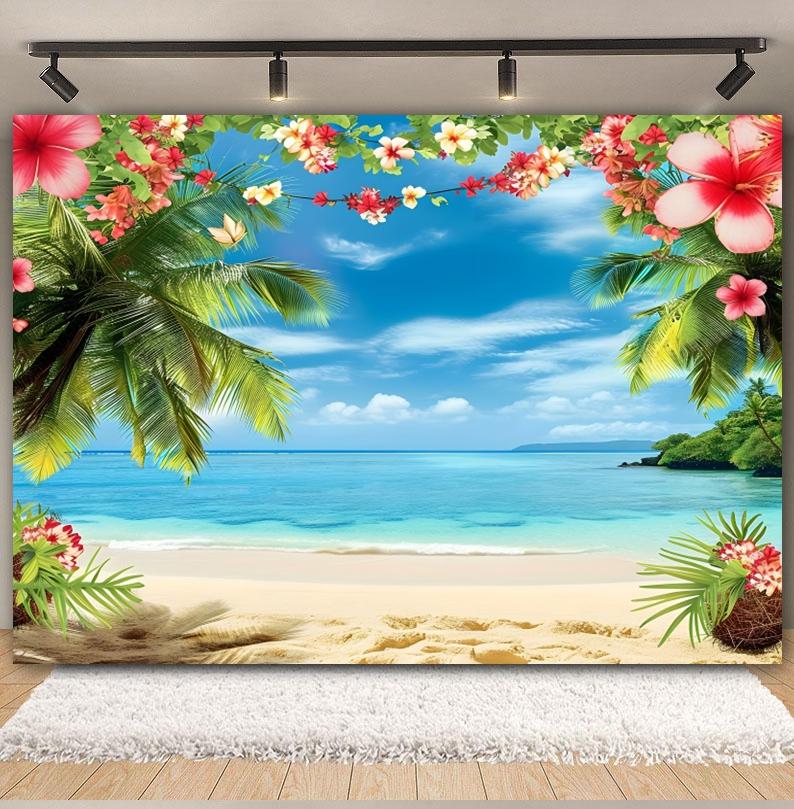 Hawaiian Summer Seaside Backdrop for Photography Tropical Beach Palm Tree Surfboard Baby Birthday Holiday Party Photo Background