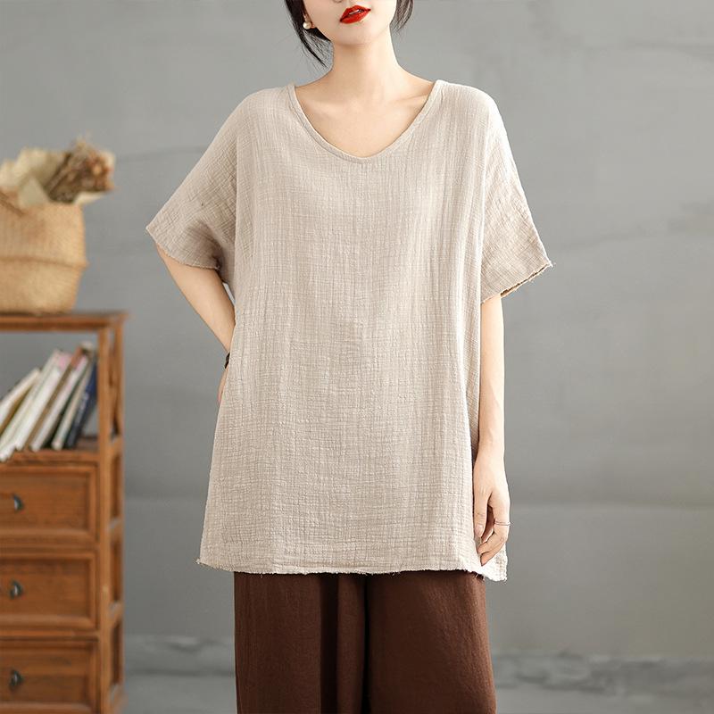 

Cotton Linen Double Layer V-Neck Short Sleeve Artistic Top for Women XXL абрикосовий