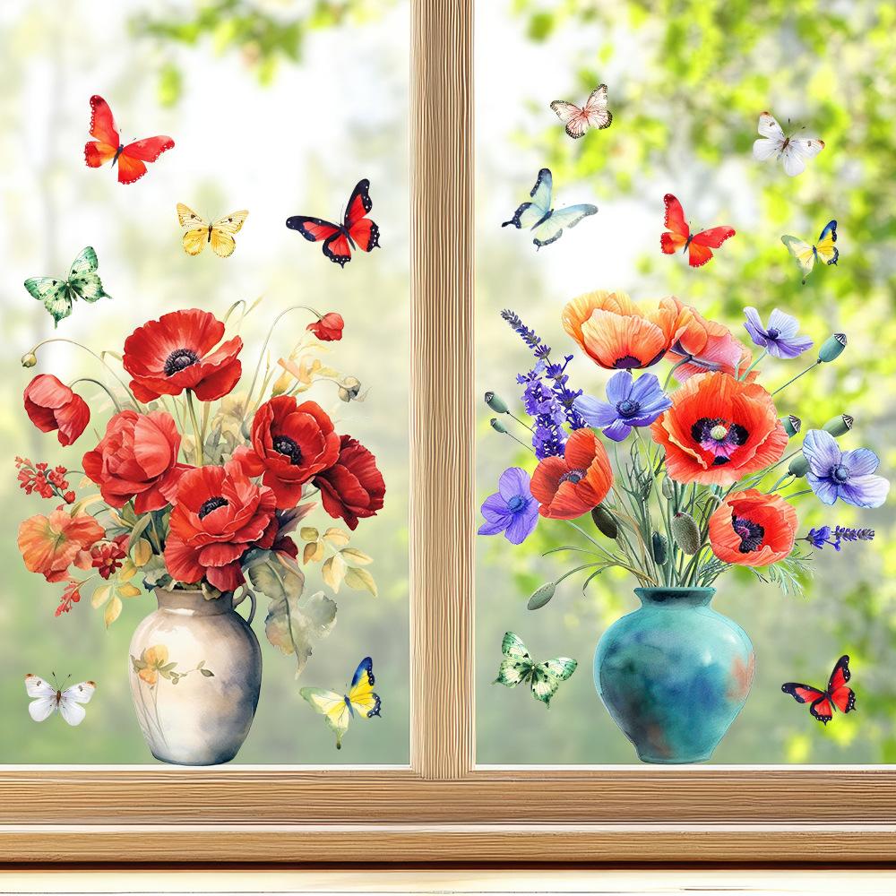 3D Stereoscopic, Butterfly, Flower, Vase Glass Sticker, Living Room Window Sticker, Removable, Electrostatic Sticker, Coffee Shop Decoration