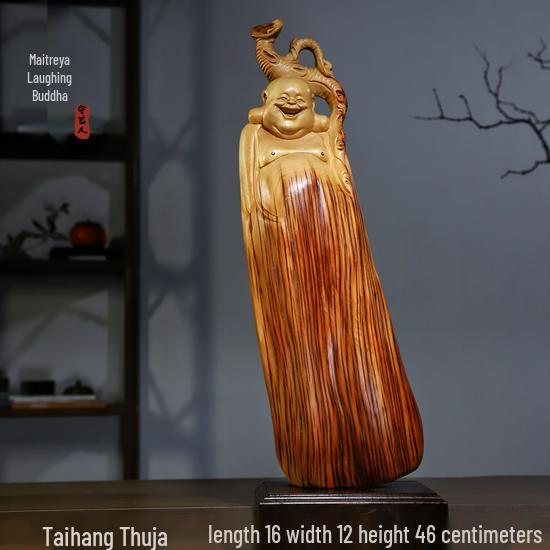 Intaglio Radice di Legno di Cipresso di Scogliera: Ornamento Daruma Maitreya Buddha in Legno Massello in Zafferano Dorato e Legno di Rosa Nanmu.