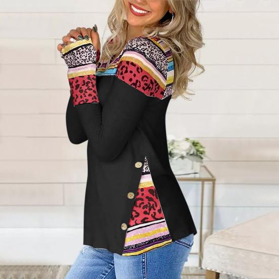 

Женская блузка с v-образным вырезом и длинными рукавами и пуговицами, леопардовый принт, лоскутный пуловер с разрезом по бокам