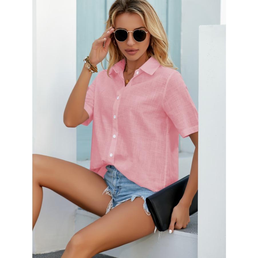 Fashion Bamboo Style Cotton Shirt Women's Short Sleeved Shirts Casual Lapel Neck Top Soft and Comfortable Blouse