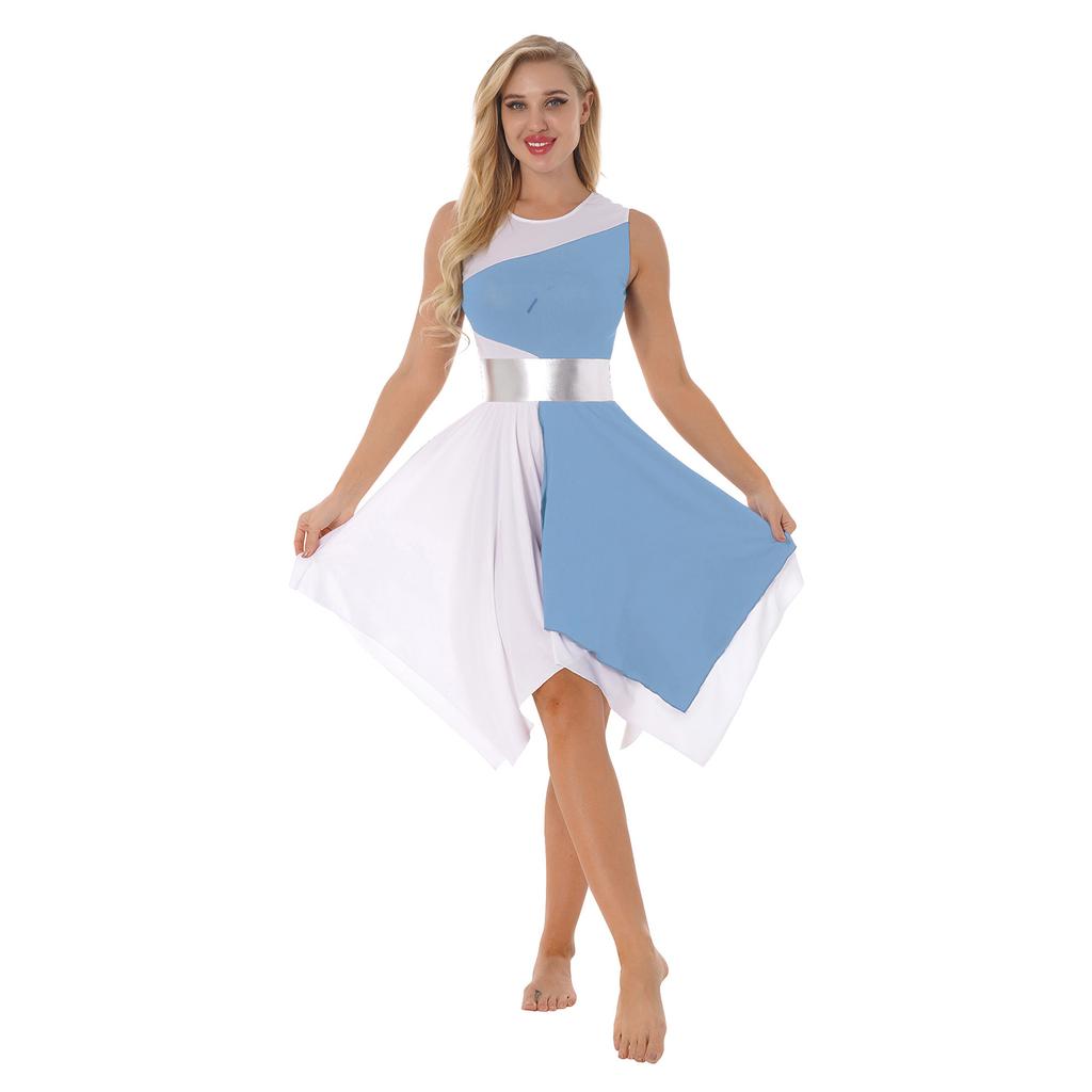 Ladies Sleeveless Color Block Dance Dress Round Neck Asymmetrical Hem Design Prom Party Performance Gown