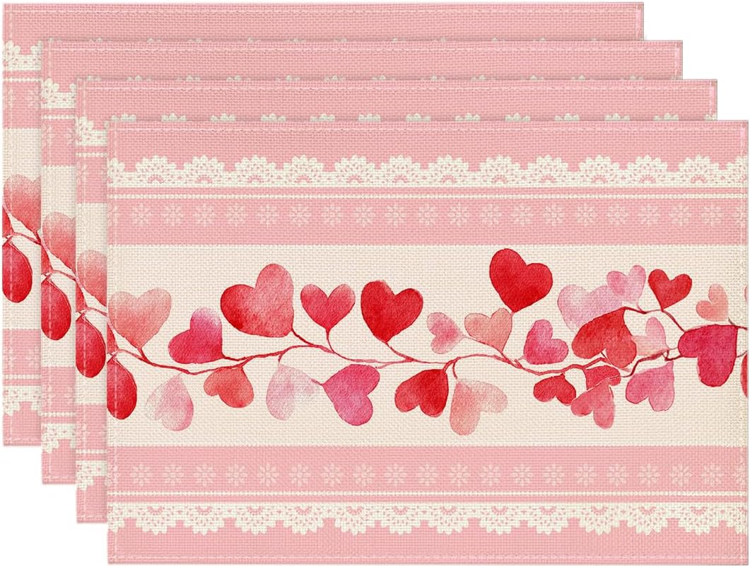 

Pink Love Hearts Valentine Placemats Set of 4, 12x18 Inch Anniversary Table Mats for Party Kitchen Dining Decoration 4pcs-12x18