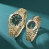 2 Pcs/Set Couple's Watch Set Luxury Rhinestone Set Quartz Watch Analog Elegant Green Dial Watch Ideal for Men and Women