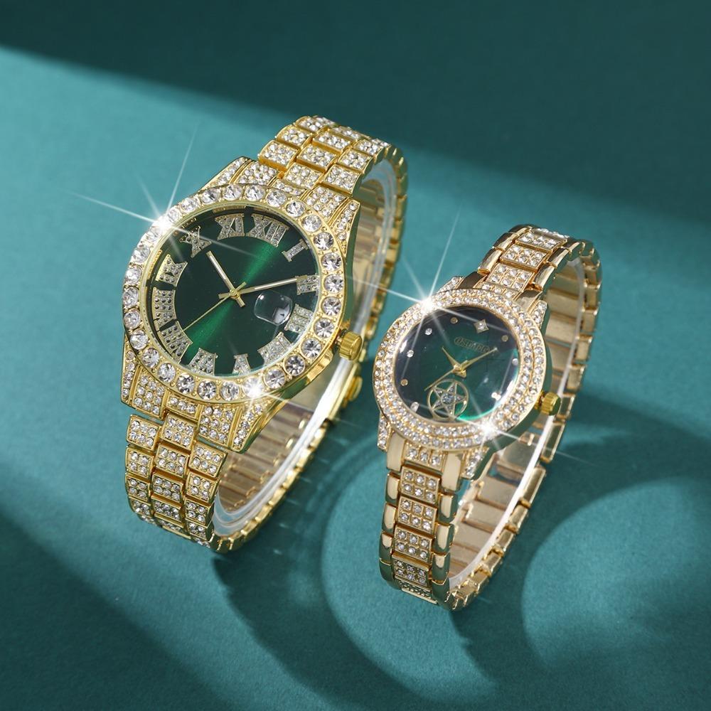 2 Pcs/Set Couple's Watch Set Luxury Rhinestone Set Quartz Watch Analog Elegant Green Dial Watch Ideal for Men and Women