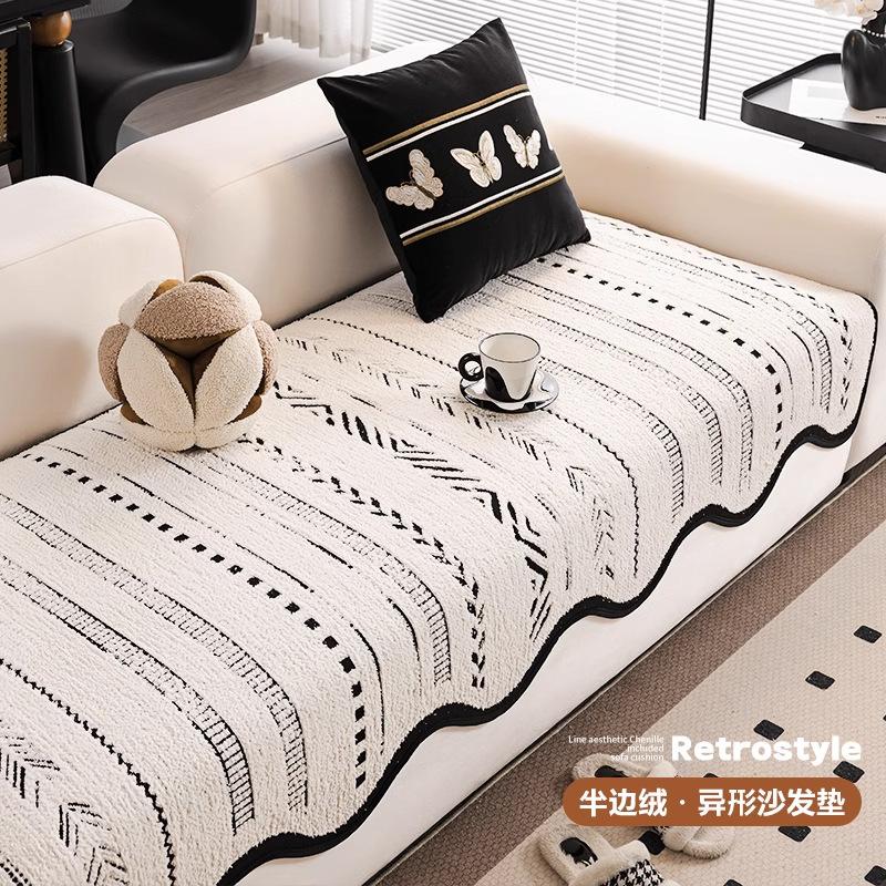 Premium Leather Sofa Cushion Autumn And Winter Plush New Four-Season Universal Fixed Non-Slip Straight Row Seat Cushion Cover