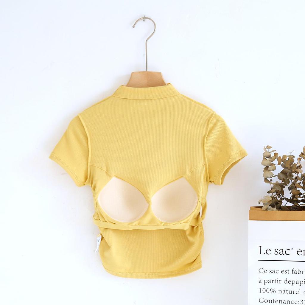 Women's Slim High Collar Short Sleeve T-Shirt with Chest Pads
