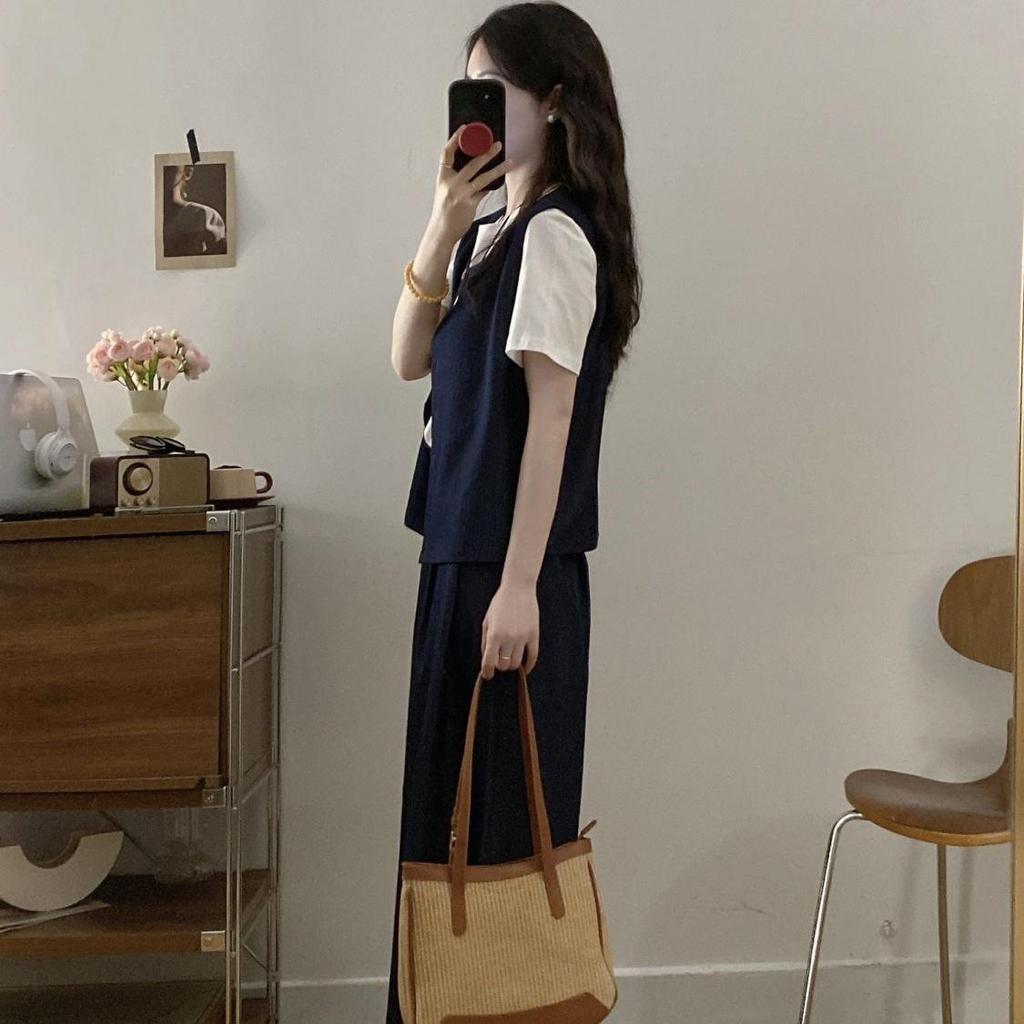 New Plus Size Waist-Cinching Wide-Leg Pants Set: Fashionable Summer Short-Sleeved Vest & Versatile Shirt