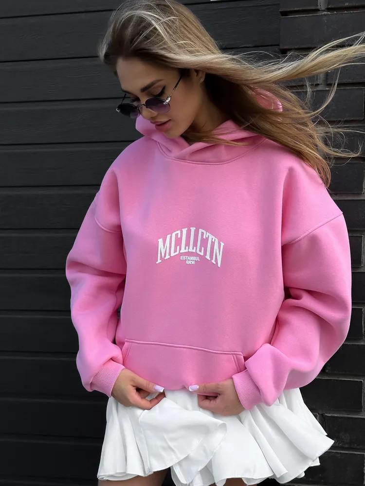 European & American Women's Winter Hoodie with Letter Print & Foam Bag Patch
