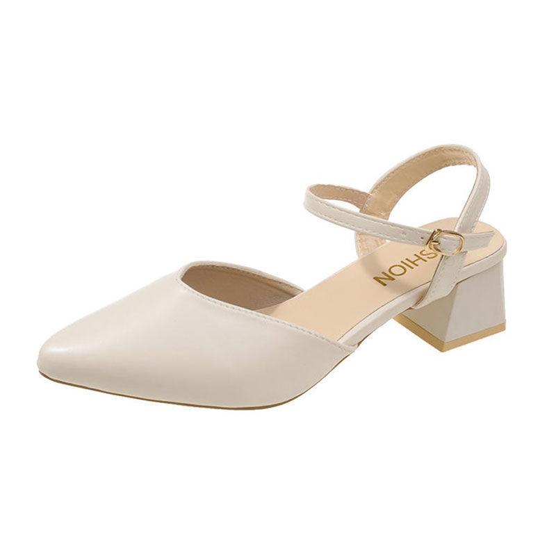 Baotou sandals women's thick heel 2025 new simple word with buckle empty beige with skirt summer single shoes women