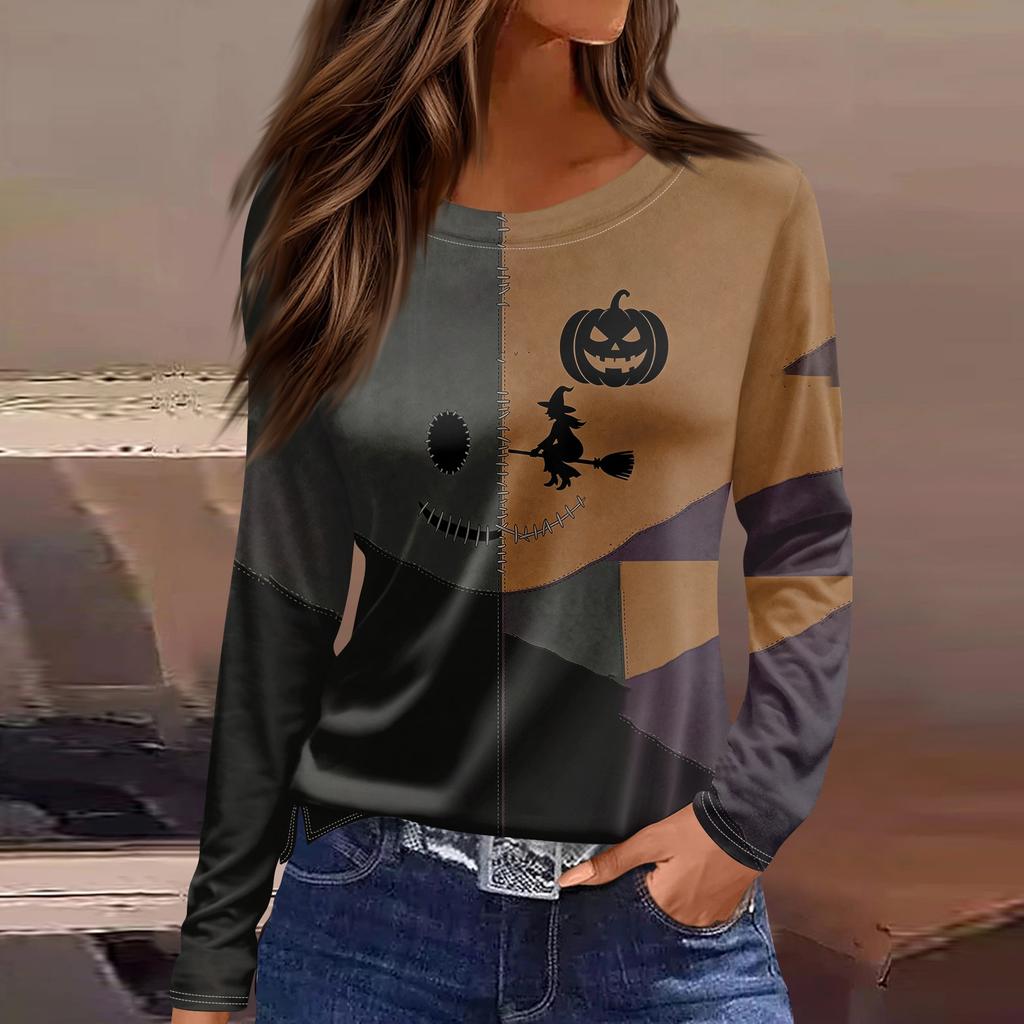 Women's Halloween Print Long Sleeve Top with Round Neck and Hem Slit for Casual Party Wear