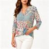 Vintage Floral Print Henley Button Neck 3/4 Sleeve Linen Cotton Blend Shirt for Women Casual Loose Fit Top