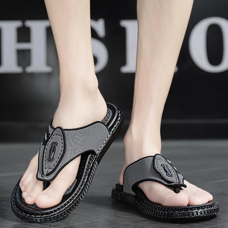 Fashion Flip Flops Men Shoes Outdoor Fashion PU Leather Flat Shoes Summer Beach Holiday Shoes Size 38-44 Outdoor Breathable Casual Shoes